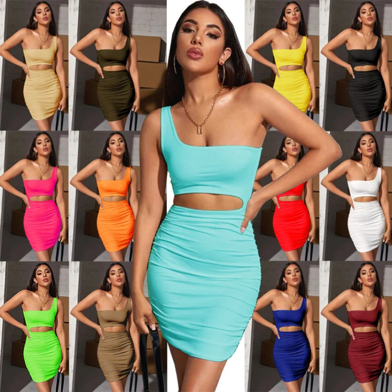 Discount Extravaganza Sleeveless Cross-Shoulder Hole-Shoulder Pleated Stretch Tight Dress