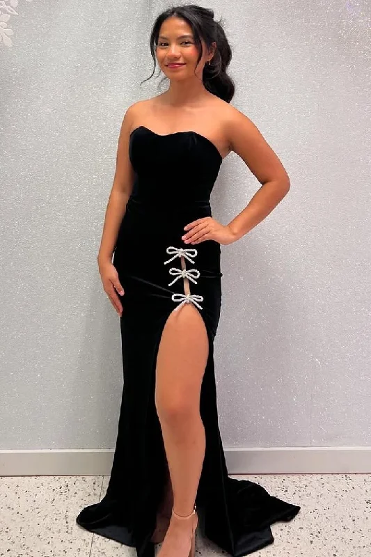 Midnight Madness Black Strapless Sweetheart Velvet Mermaid Side Slit Long Prom Dress with Bow Midnight Madness Black Strapless Sweetheart Velvet Mermaid Side Slit Long Prom Dress with Bow