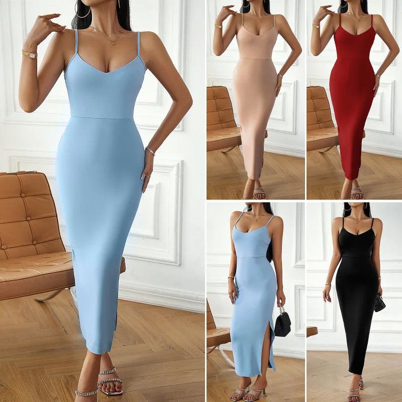 Discount Deals Sultry V-Neck Solid Color Bodycon Cami Dress