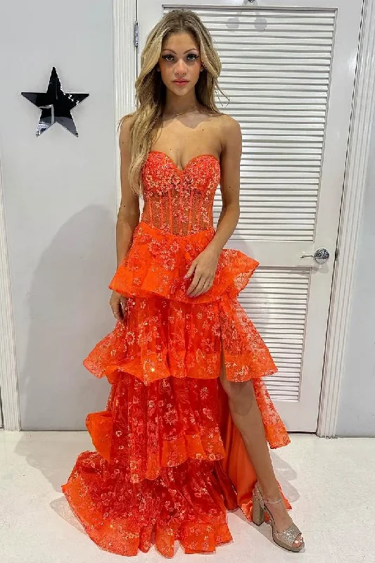 Warehouse Sale Orange Strapless A-Line Sweetheart Layered Appliques Prom Dress with Slit