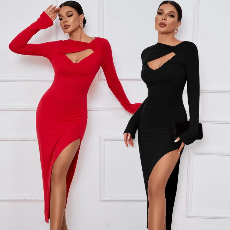 Act Now Sensual Slit Long Sleeve Bodycon Midi Dress