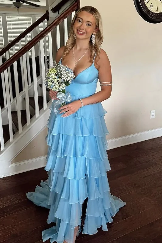 Lowest Prices Spaghetti Straps V-Neck Layered Chiffon Sleeveless Long Prom Dress