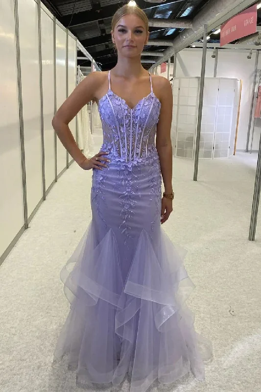 Holiday Sale Lilac Spaghetti Straps Appliques Sleeveless Ruffles Long Prom Dress