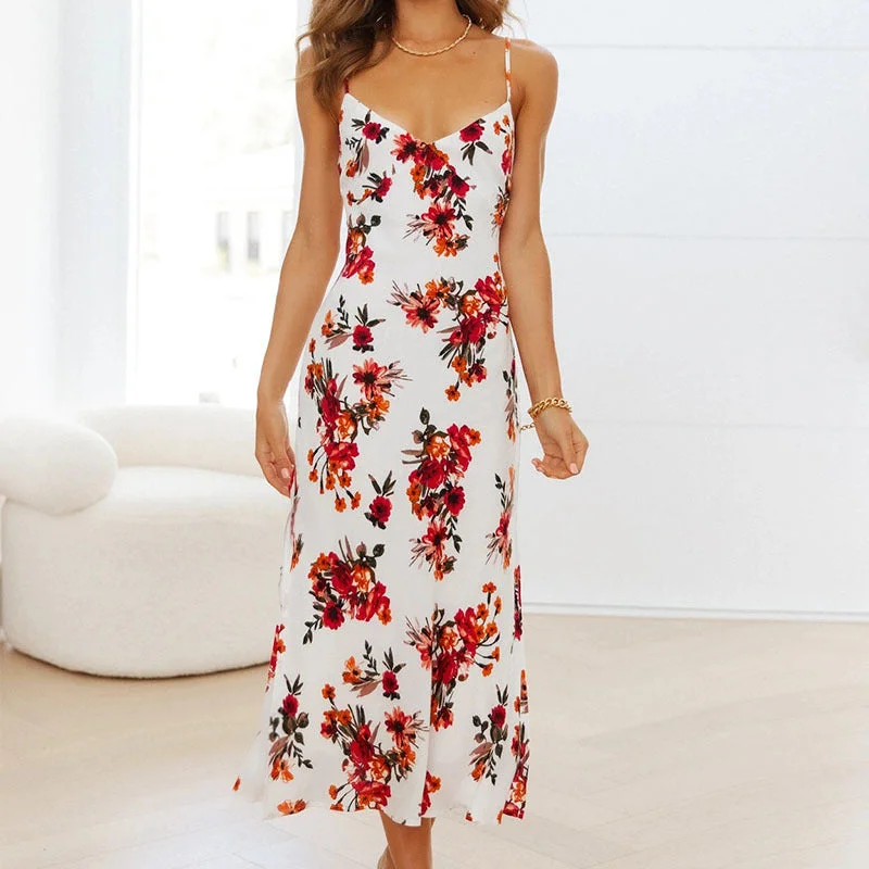 Hot Deal New V-neck Printed Midi-Length Vacation Style Sexy Cami Dress