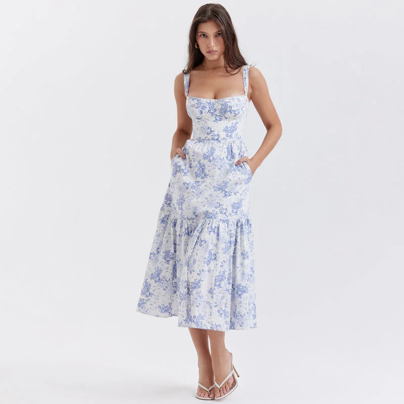 Fantastic Offers Floral Print Camisole Pleated Lace Dress