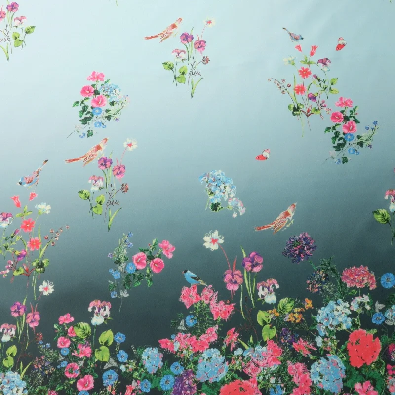 Special Promotion Pink Floral on Grey Printed Polyester Mikado Fabric
