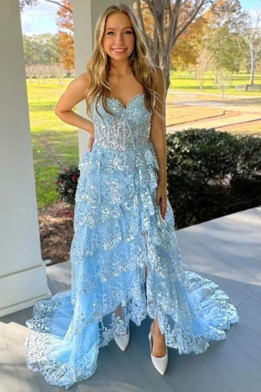 Best Bargains Blue Strapless A-Line V-Neck Sequins Appliques Tiered Prom Dress with Slit
