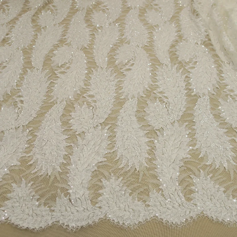Factory Direct Sale Off White Floral Embroidered Beaded Double-Scalloped Lace