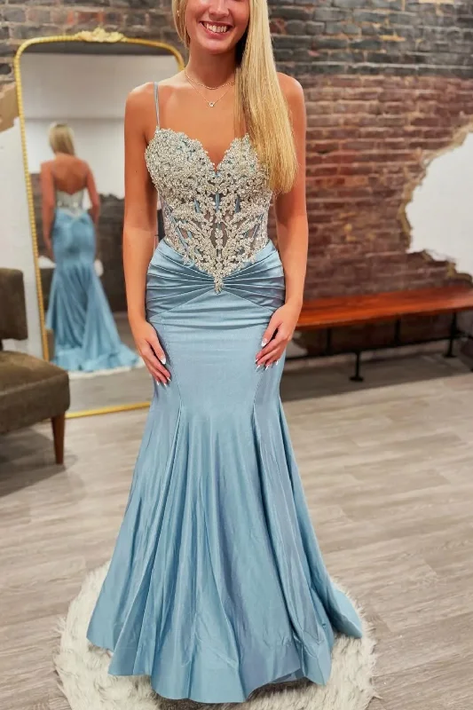 Act Fast Mermaid Spaghetti Straps V-Neck Appliques Pleated Long Prom Dress