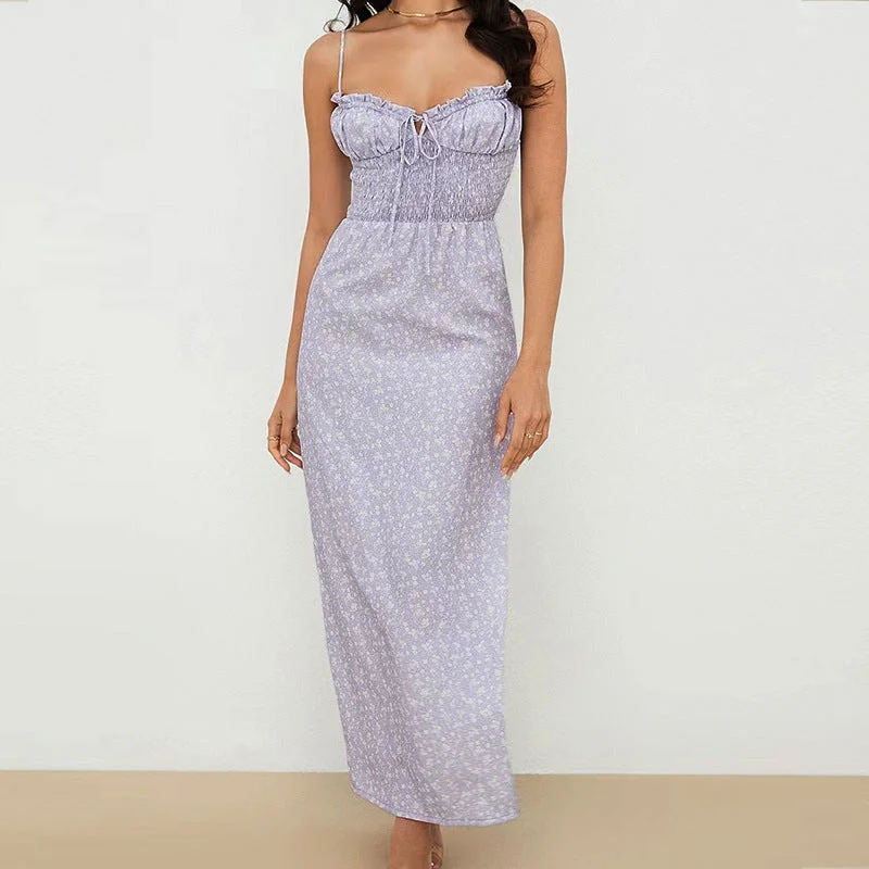 Sneak Peek Sale Lilac Floral Print Sexy Halter Drawstring Backless Maxi Dress