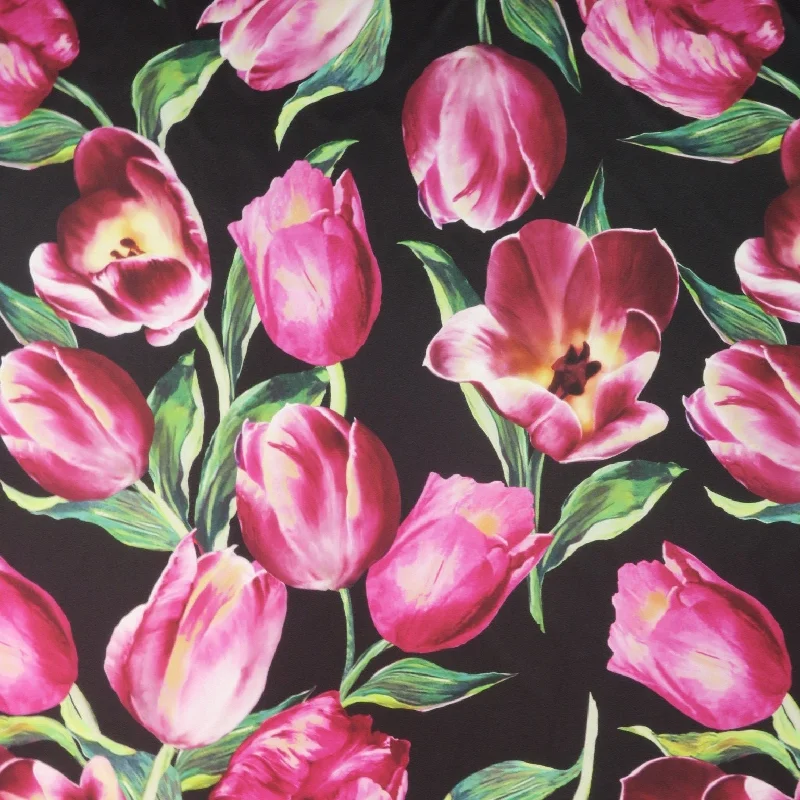 Discount Mania Pink Floral on Black Background Printed Polyester Mikado Fabric