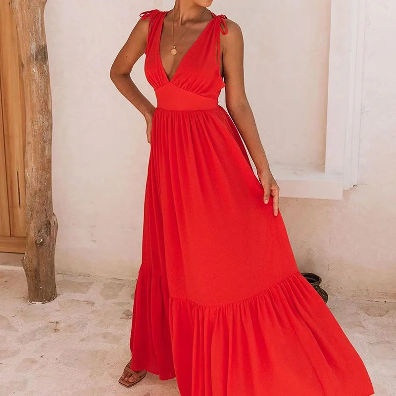 Overstock Sale Elegant V-neck Pleated Waist Swing Dress
