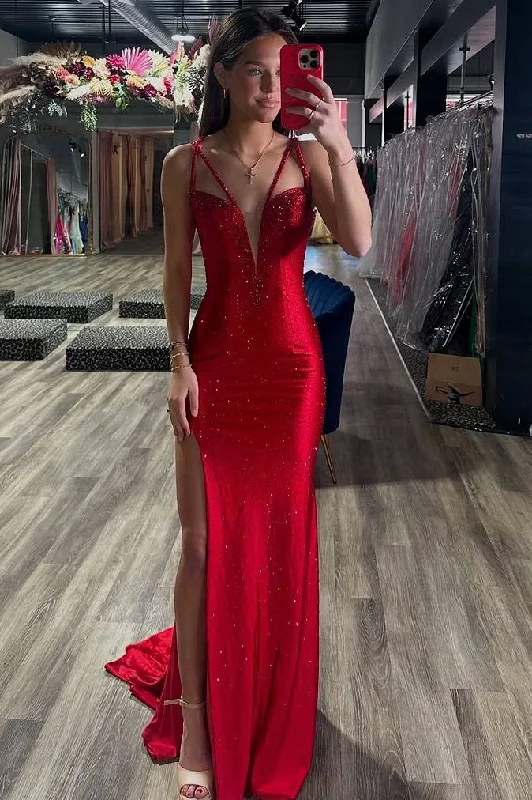 Instant Discount Red Mermaid Rhinestone V-Neck Side Slit Long Prom Party Dress