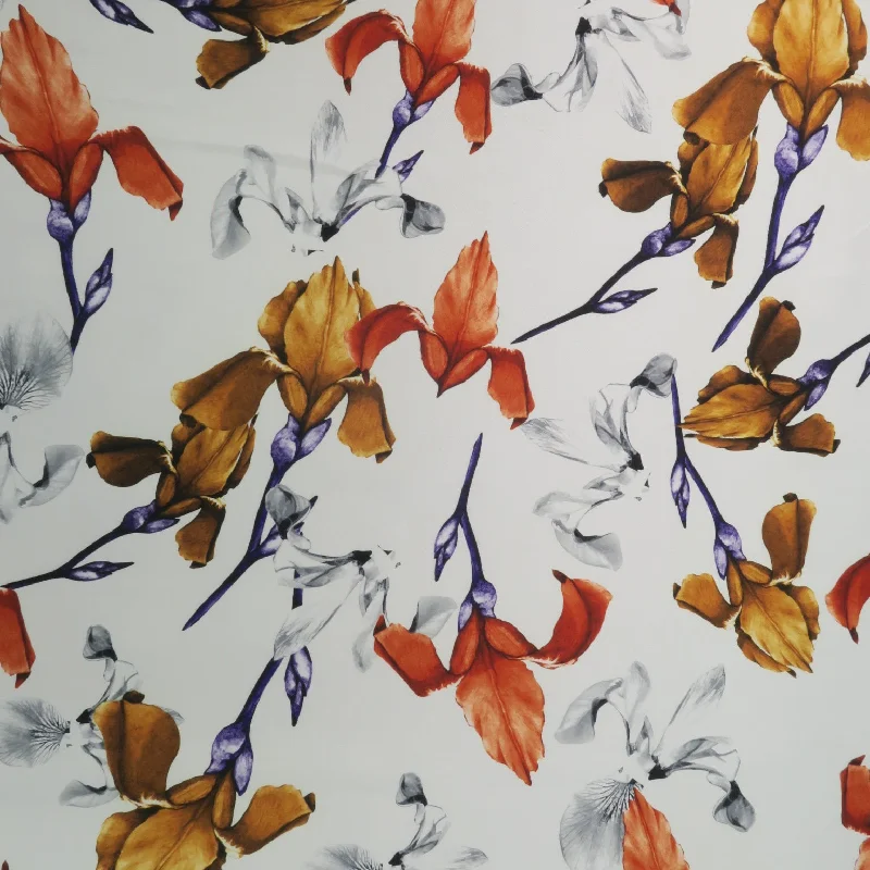 Take Advantage Orange and Pale Yellow Floral on White Background Printed Polyester Mikado Fabric