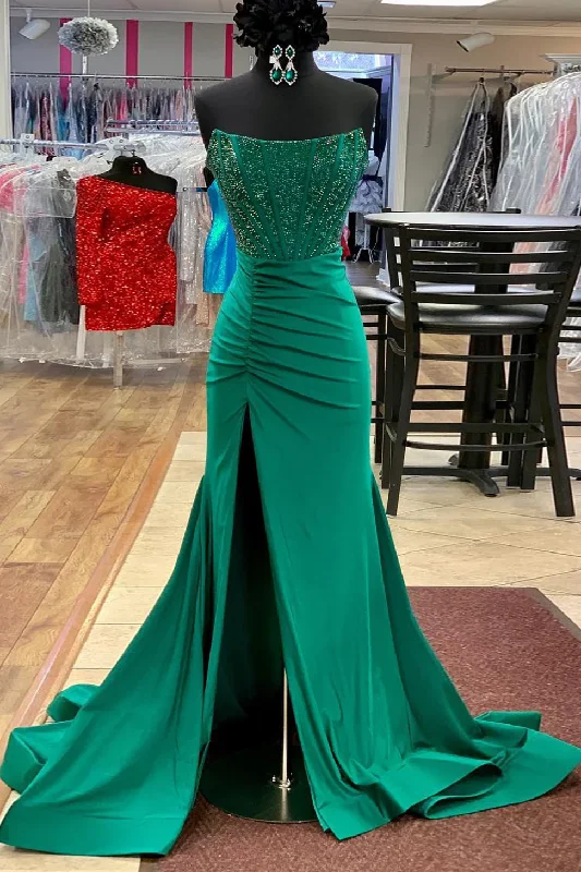New Markdowns Mermaid Strapless Scoop Beads Pleated Formal Prom Dress with Slit