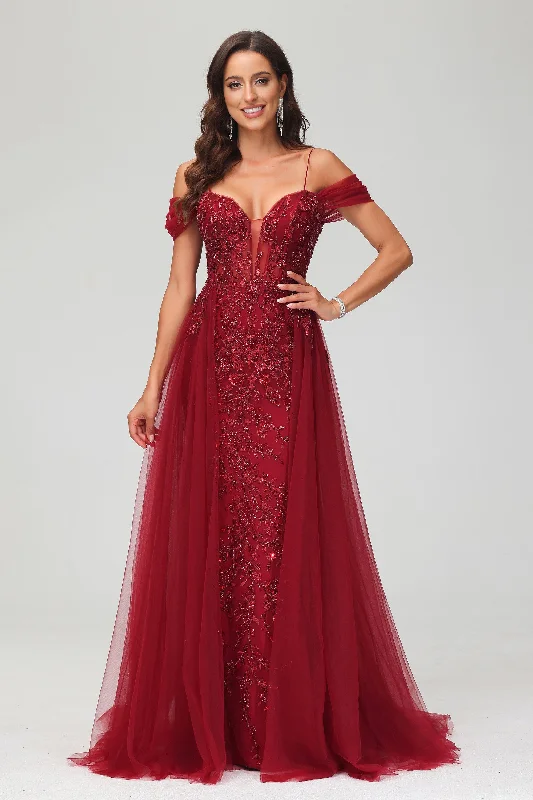 Closeout A-Line Off the Shoulder Beaded Tulle Dress With Train