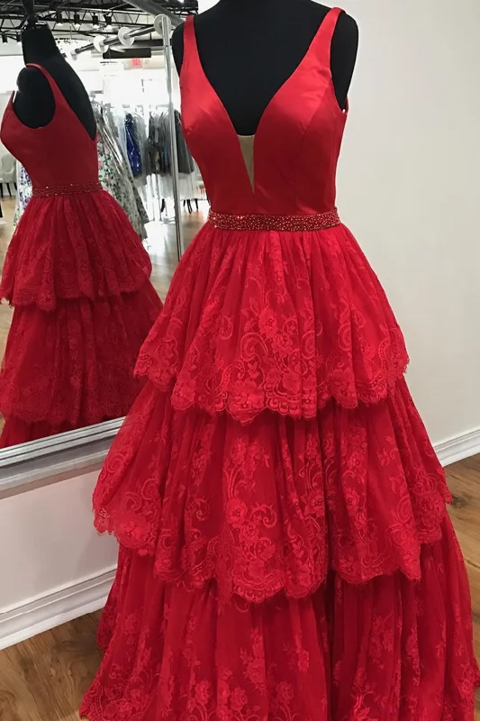 Exclusive Access A-Line Straps V-Neck Layered Lace Appliques Sleeveless Prom Dress Exclusive Access A-Line Straps V-Neck Layered Lace Appliques Sleeveless Prom Dress