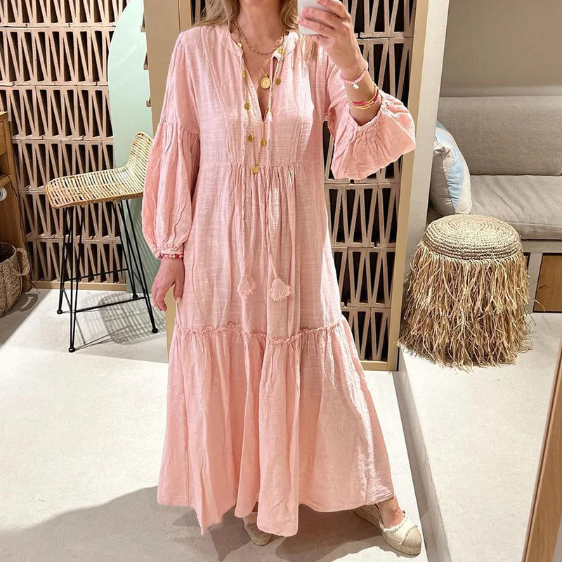 Great Deals Boho Chic Bubble Sleeve Bohemian Cotton Linen Maxi Dress