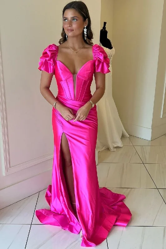 Warehouse Sale Mermaid V-Neck Short Sleeves Satin Pleated Long Prom Dress with Slit Warehouse Sale Mermaid V-Neck Short Sleeves Satin Pleated Long Prom Dress with Slit