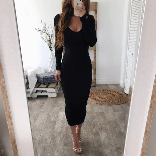 Limited Stock Women's Autumn/Winter Elastic Knitted V-Neck Long-Sleeved Maxi Sweater Dress Limited Stock Women's Autumn/Winter Elastic Knitted V-Neck Long-Sleeved Maxi Sweater Dress