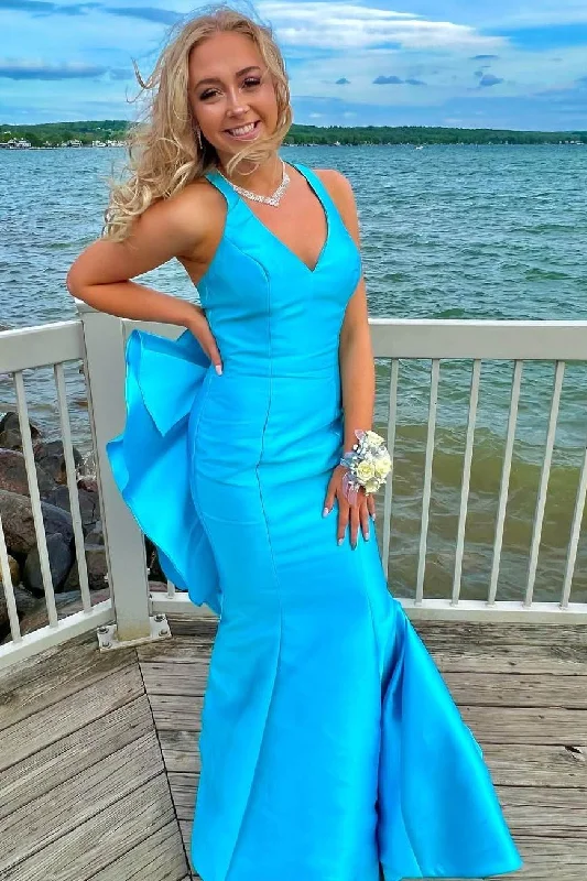 Referral Discount Blue Mermaid V-Neck Satin Pleated Formal Prom Dress with Big Bow Referral Discount Blue Mermaid V-Neck Satin Pleated Formal Prom Dress with Big Bow