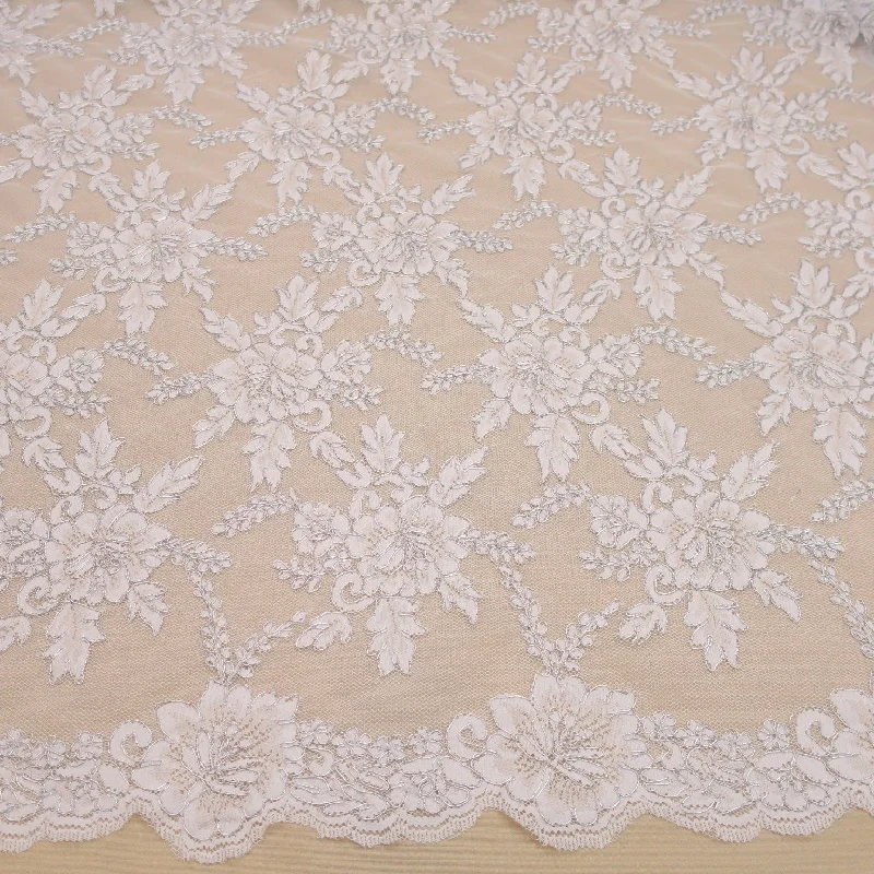 YEAR-End Sale White and Silver Floral Embroidered Double Scalloped Lace Tulle