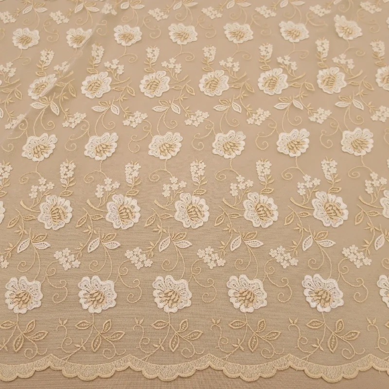 Extra Discounts Ivory and Gold Floral Corded Embroidered Tulle Lace