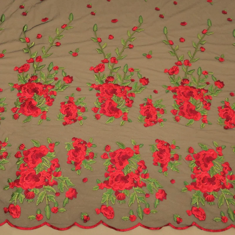 Get It Before It’s Gone Black, Red and Green Floral Embroidered Tulle Fabric