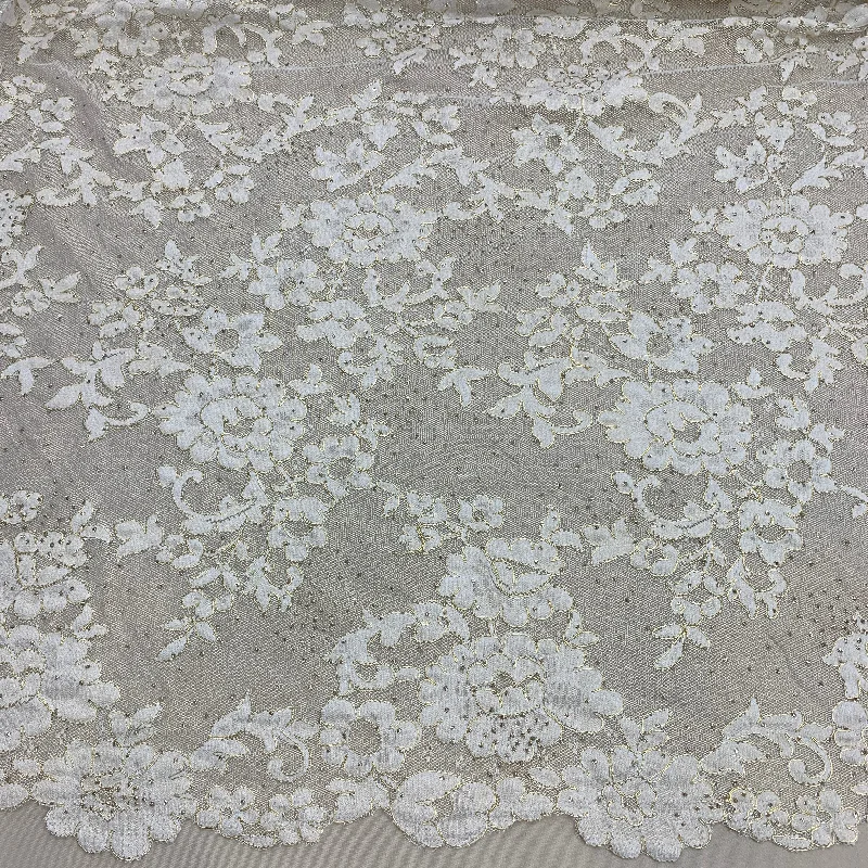 Today's Special Off White with Gold Floral Embroidered Beaded Double Scalloped Lace