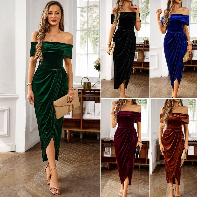Price Fest Elegantly Chic One-Shoulder Long Velvet Dress