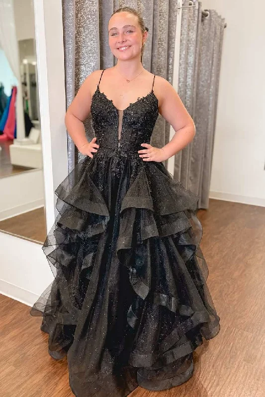 Bonus Savings Spaghetti Straps V-Neck Appliques Ruffles Tulle Long Prom Dress