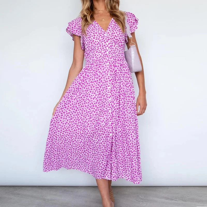 While Supplies Last Cinched Waist Elegant V-Neck Ruffled Sleeve Floral Dress