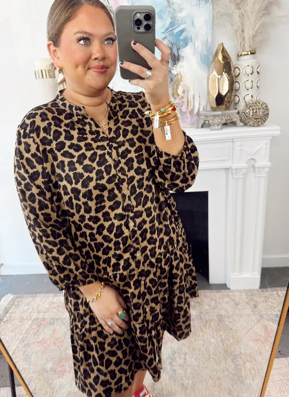 Lowest Price Mocha Leopard 3/4 Sleeve Button Down Dress