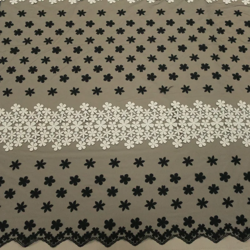 Midnight Sale Black Tulle with Ivory and Black Floral Embroidery Fabric
