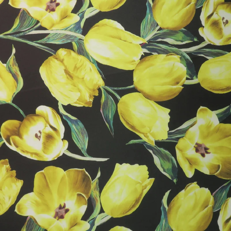 Final Sale Yellow Floral on Black Background Printed Polyester Mikado Fabric