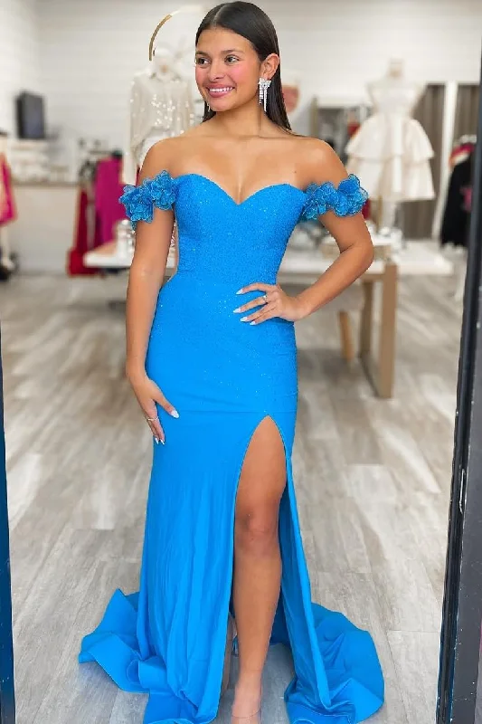 Super Bargain Off-Shoulder Sweetheart Rhinestone Mermaid Prom Dress with Slit