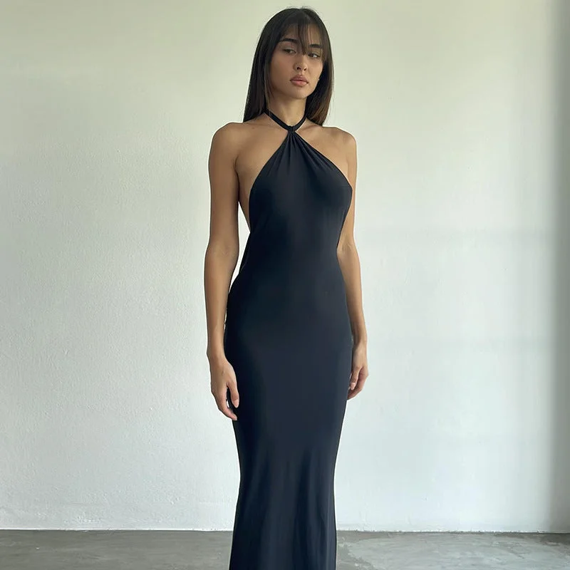 Huge Discounts Sexy Backless Solid Color Halter Maxi Dress