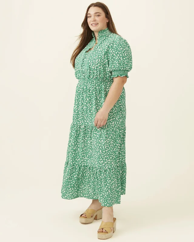 Act Fast Katie Cottagecore Smocked Waist Maxi Dress | Forest Green / White