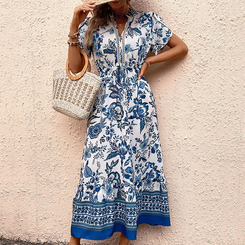 Fantastic Offers New Blue Floral Print Slimming Maxi Dress