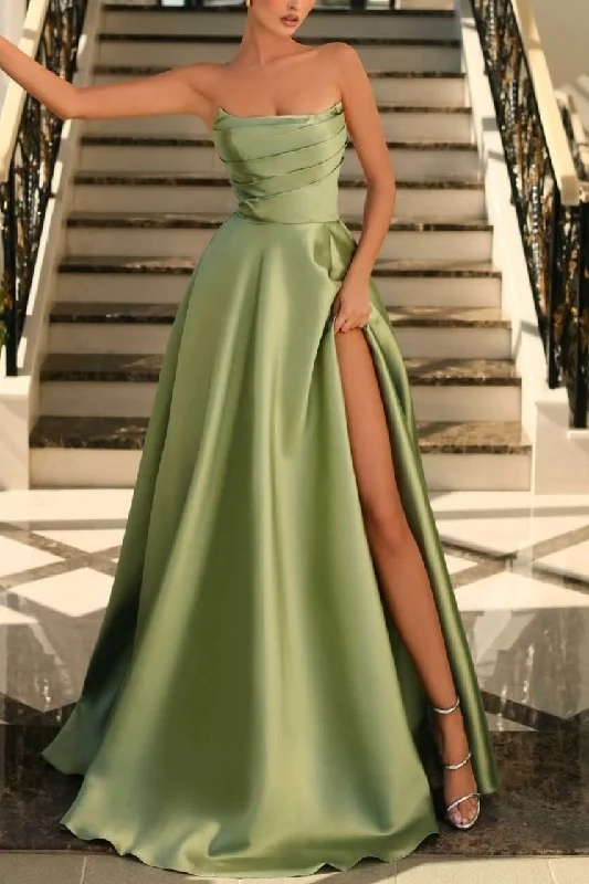 Markdown Madness Satin A-Line Scoop Empire-Waist Pleated Satin High Slit Formal Prom Dress Markdown Madness Satin A-Line Scoop Empire-Waist Pleated Satin High Slit Formal Prom Dress
