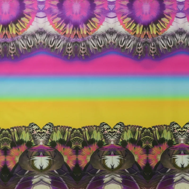 Quick Sale Multicolored Feathers on Rainbow Printed Polyester Mikado Fabric