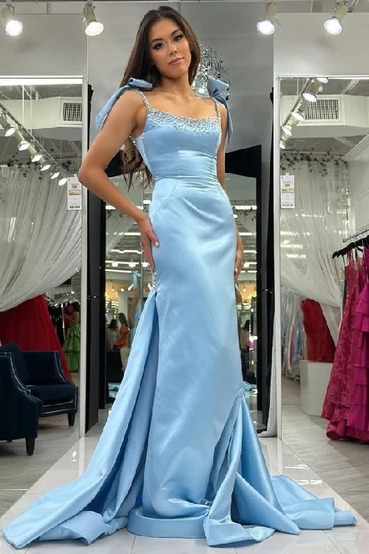 Super Sale Blue Straps Mermaid Scoop Beads Pleated Long Formal Prom Dress