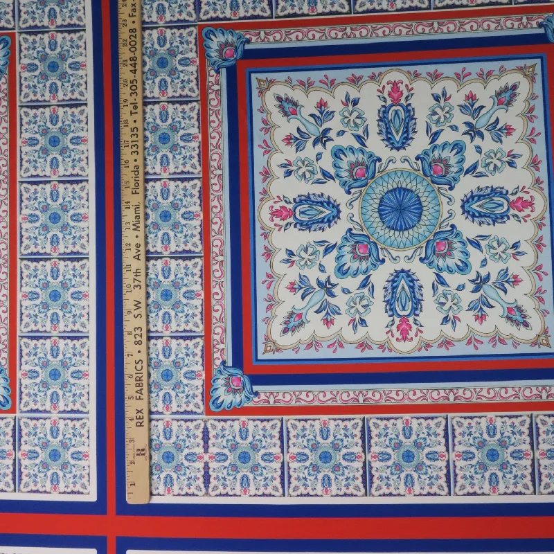 Massive Deals Blue and Red Mosaic on White Printed Polyester Mikado Fabric