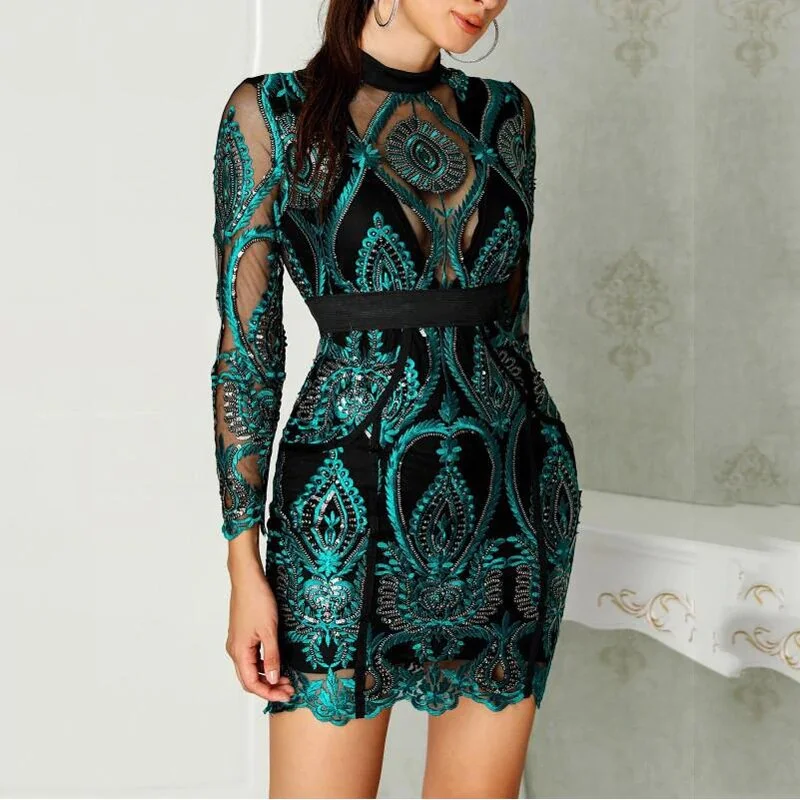 Great Deals Women's Autumn Long-Sleeved Sequined Lace Evening Dress