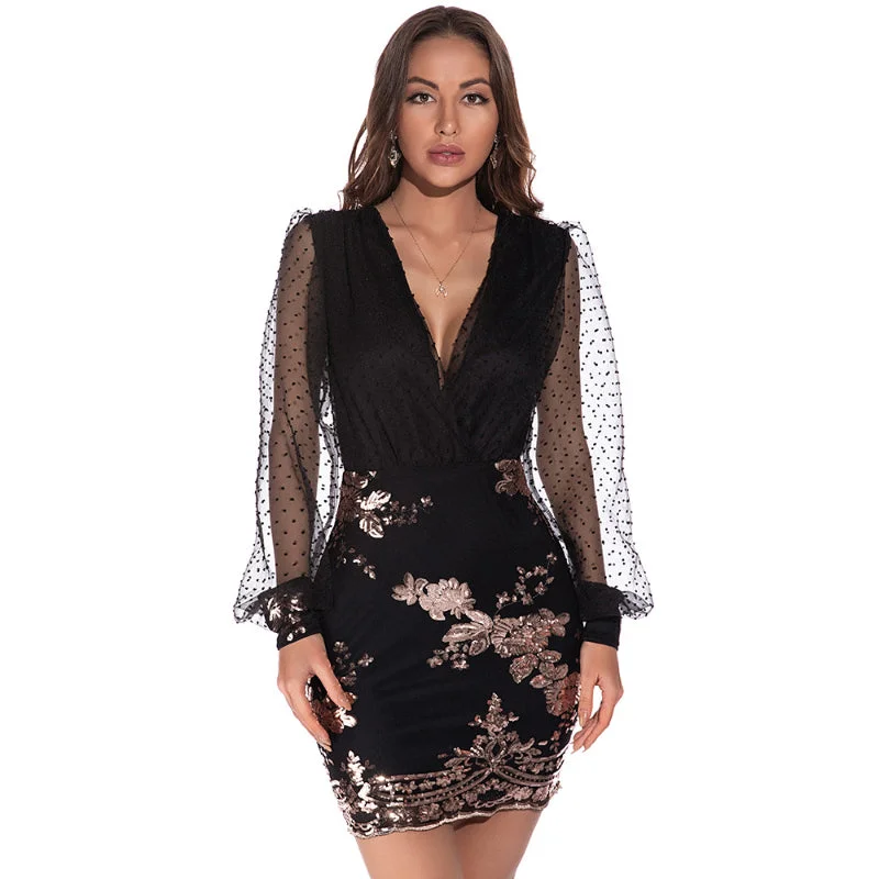 Seasonal Clearance Sexy Net Layer Long Sleeve Piece with Shiny Gems Dress