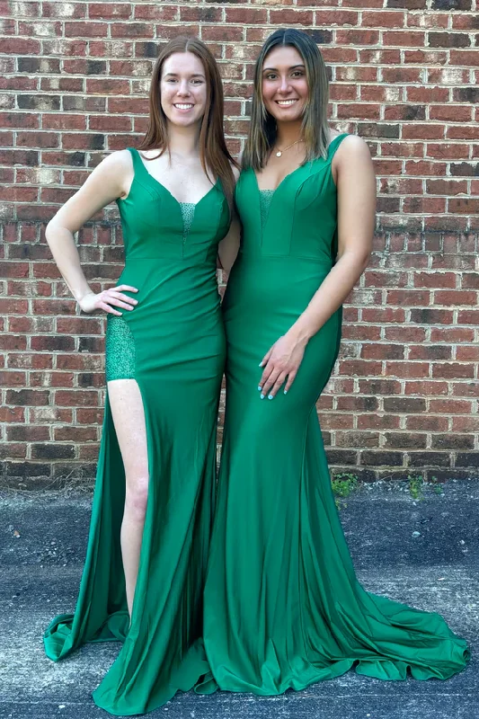 New Arrival Mermaid V-Neck Sleeveless Side Slit Pleated Long Prom Dress