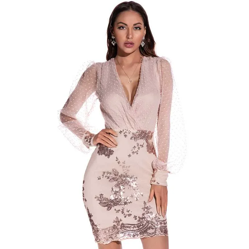 Special Price Sexy Mesh Long Sleeved Patchwork Sequin Dress