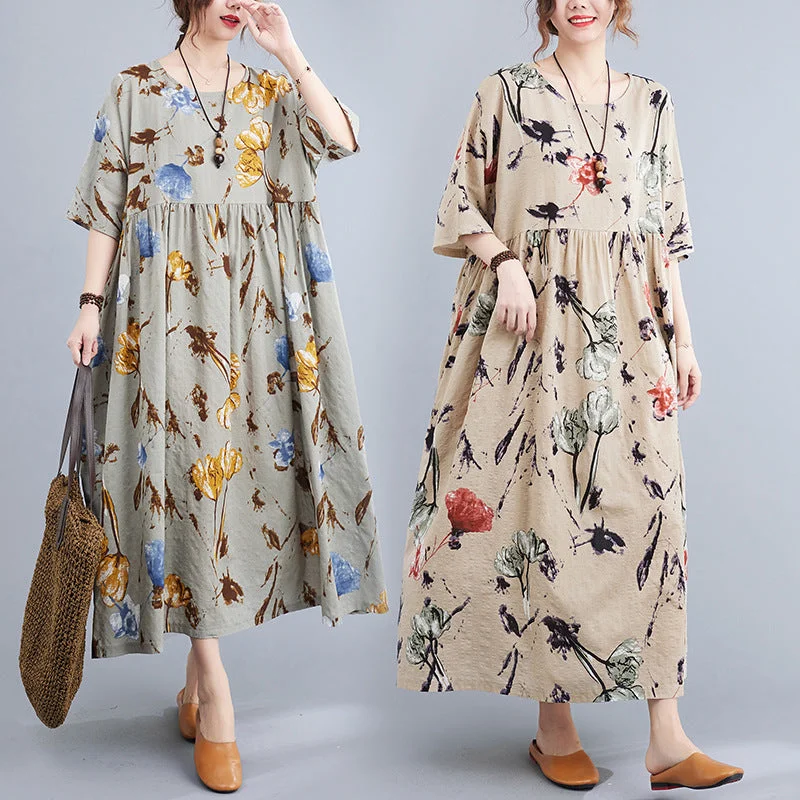 Crazy Deals Artsy Loose-fit Cotton and Linen Printed Dress
