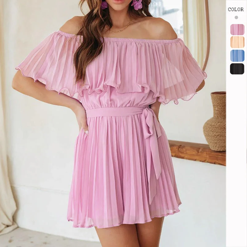 Don't Miss New Arrival Sexy Pleated Backless Casual Holiday One-Shoulder Short Sleeve Dress