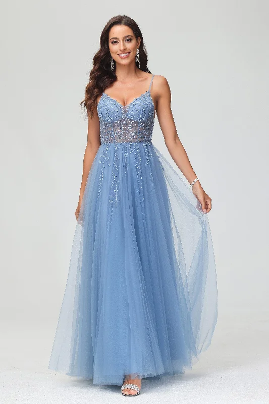 Referral Discount Spaghetti Straps A-Line Tulle Sweep Train Dress With Slit